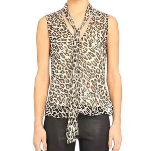 NWT Theory Women's Ivory Multi Leopard Sleeveless Crinkle Tie Blouse Medium M